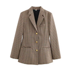 Beige and dark houndstooth blazer with gold buttons, notched lapels, long sleeves