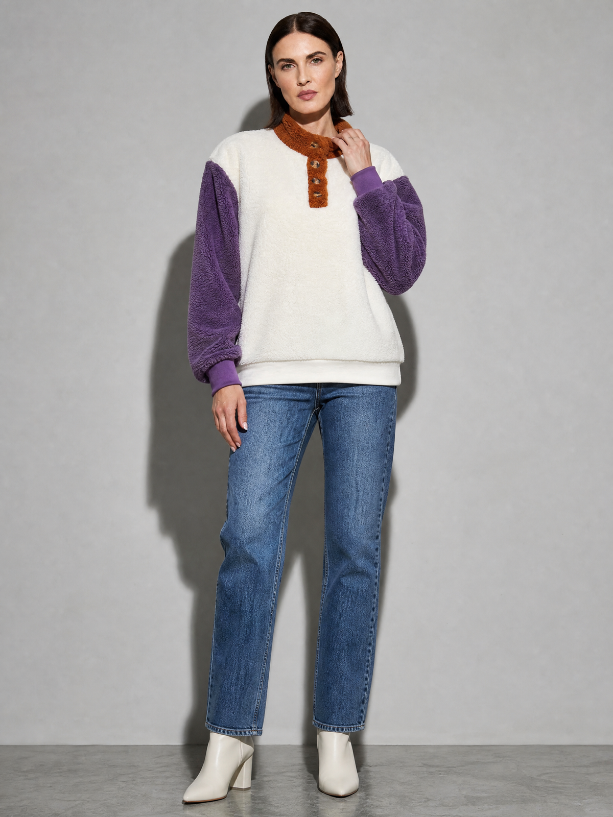 Ladies New Round Neck Long Sleeve Pullover Loose Plush Sweater in White - adjusting view