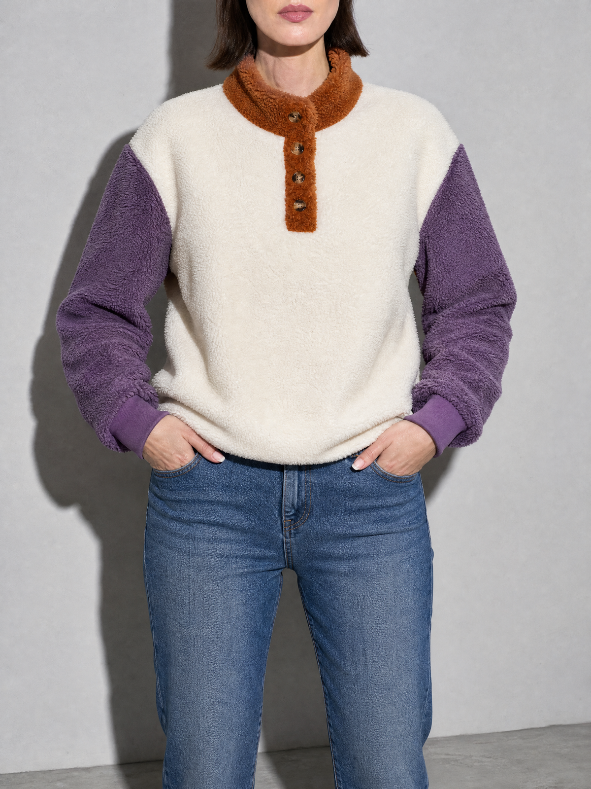 Ladies New Round Neck Long Sleeve Pullover Loose Plush Sweater in White - bust to thigh view