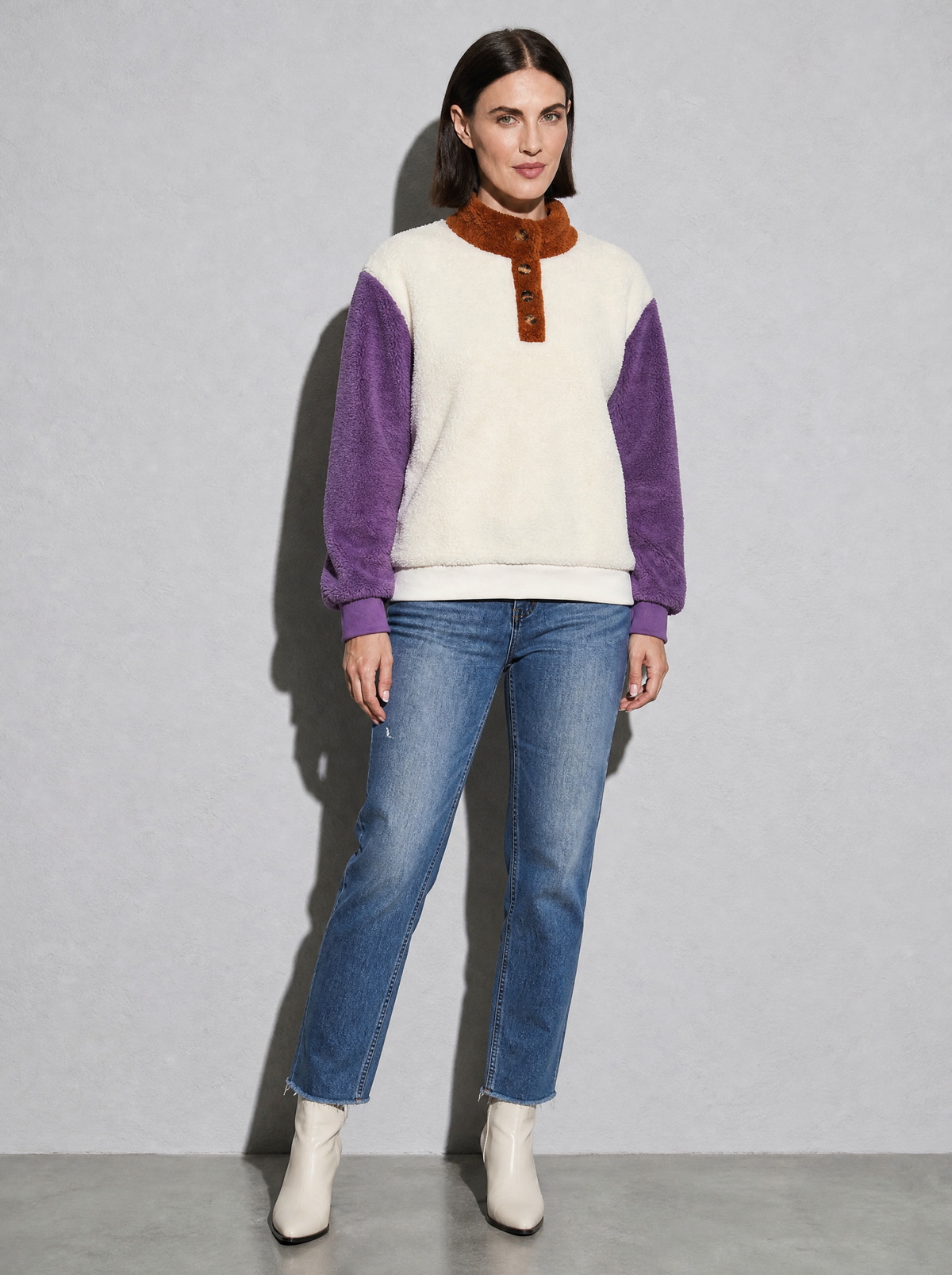 Ladies New Round Neck Long Sleeve Pullover Loose Plush Sweater in White - main view