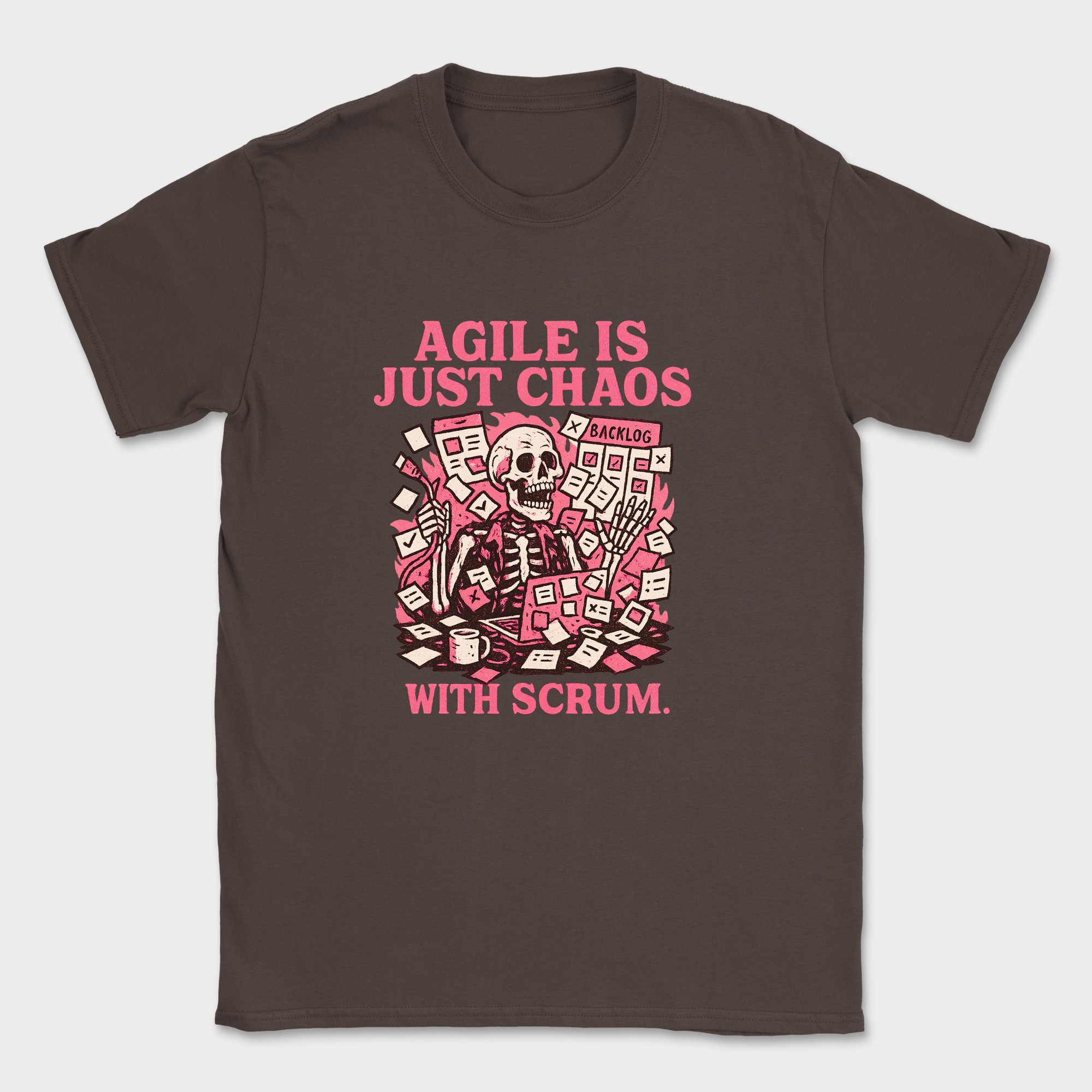 agile is just chaos with scrum skeleton shirt — Dark Chocolate