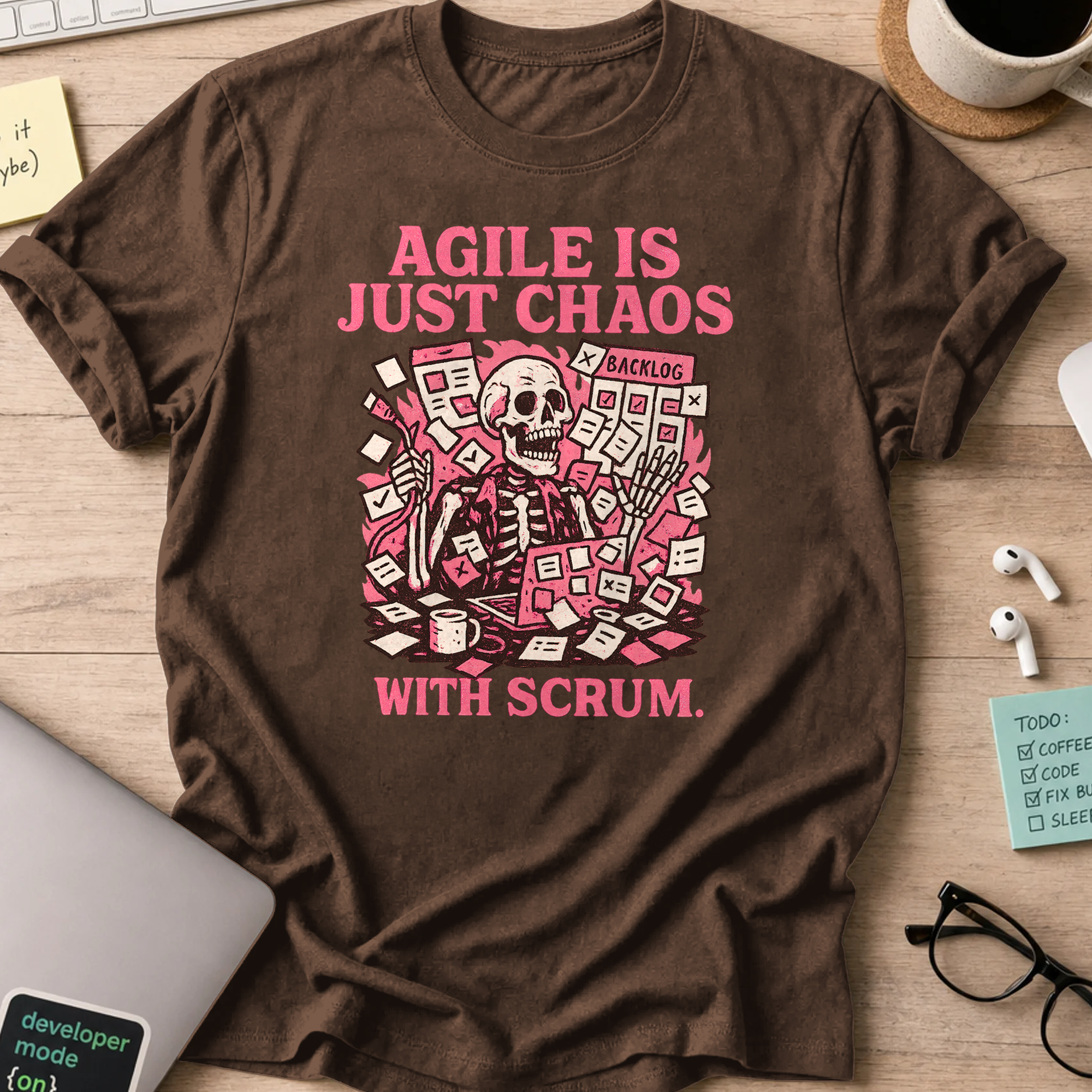 agile is just chaos with scrum skeleton shirt - Dark Chocolate