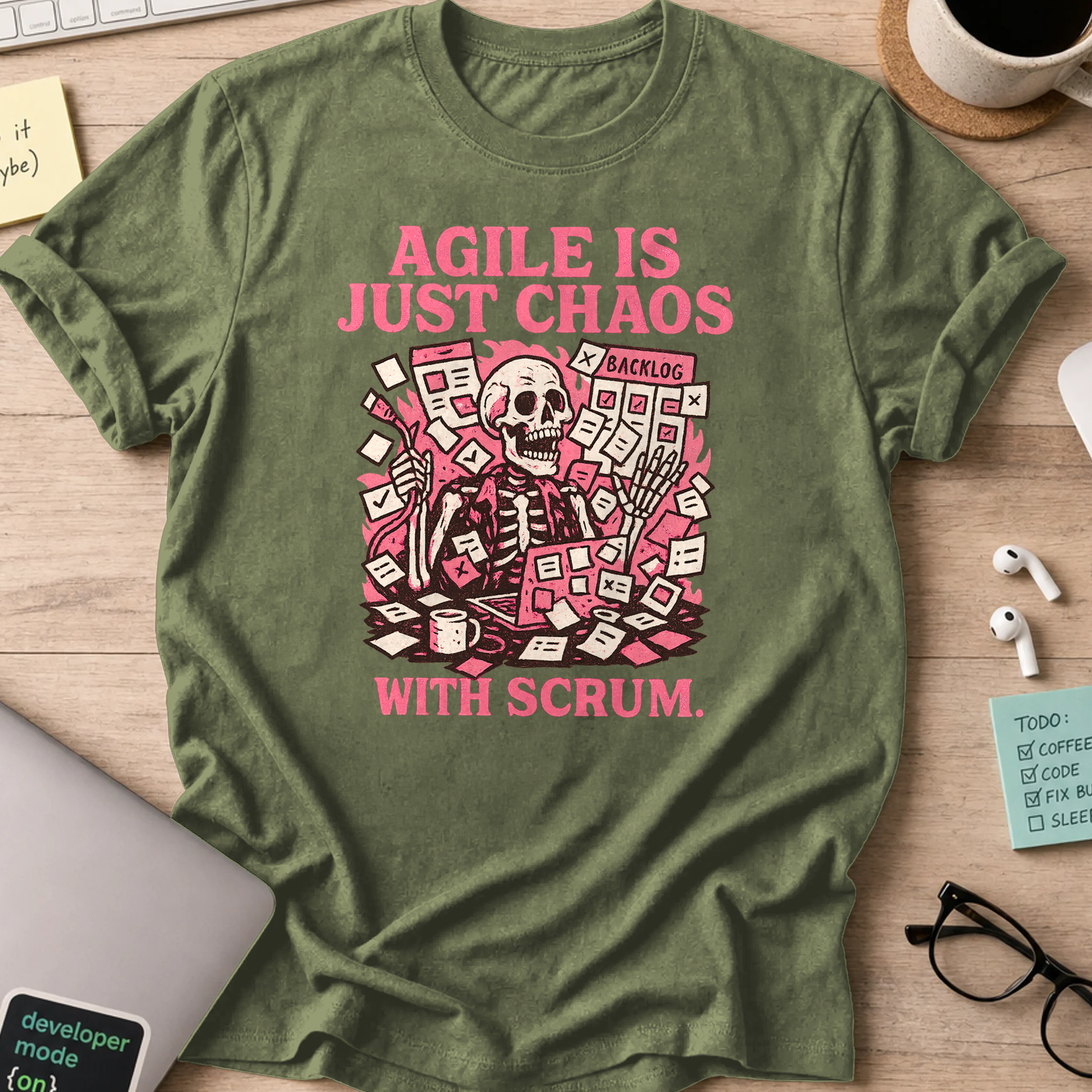 agile is just chaos with scrum skeleton shirt - Military Green
