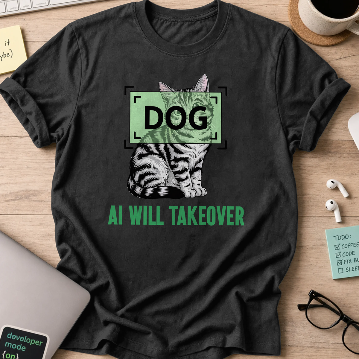 Black coding shirt printed with "AI will takeover", a funny developer t-shirt and developer gift for data scientists and ML engineers.