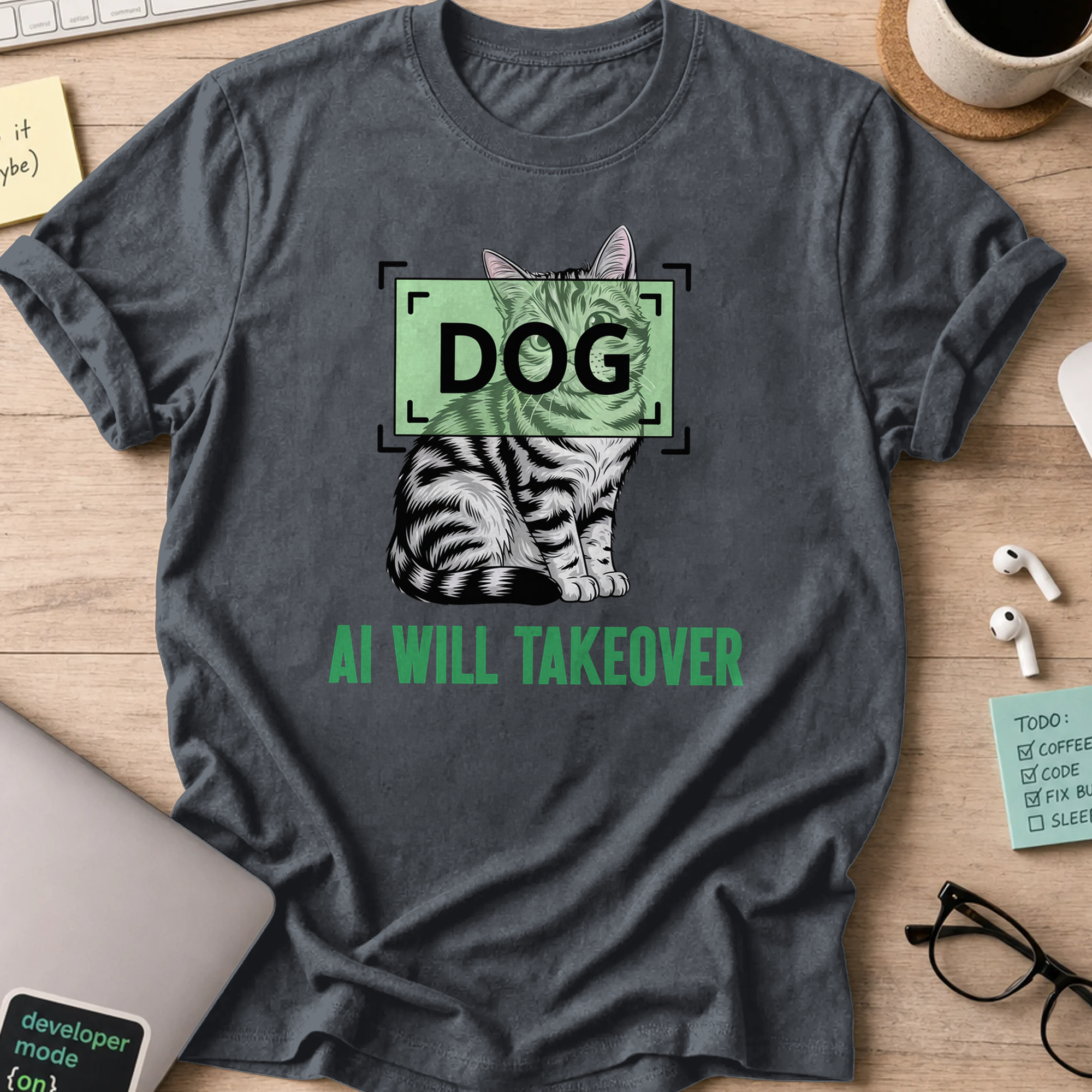 Dark Heather Grey coding shirt printed with "AI will takeover", a funny developer t-shirt and developer gift for data scientists and ML engineers.