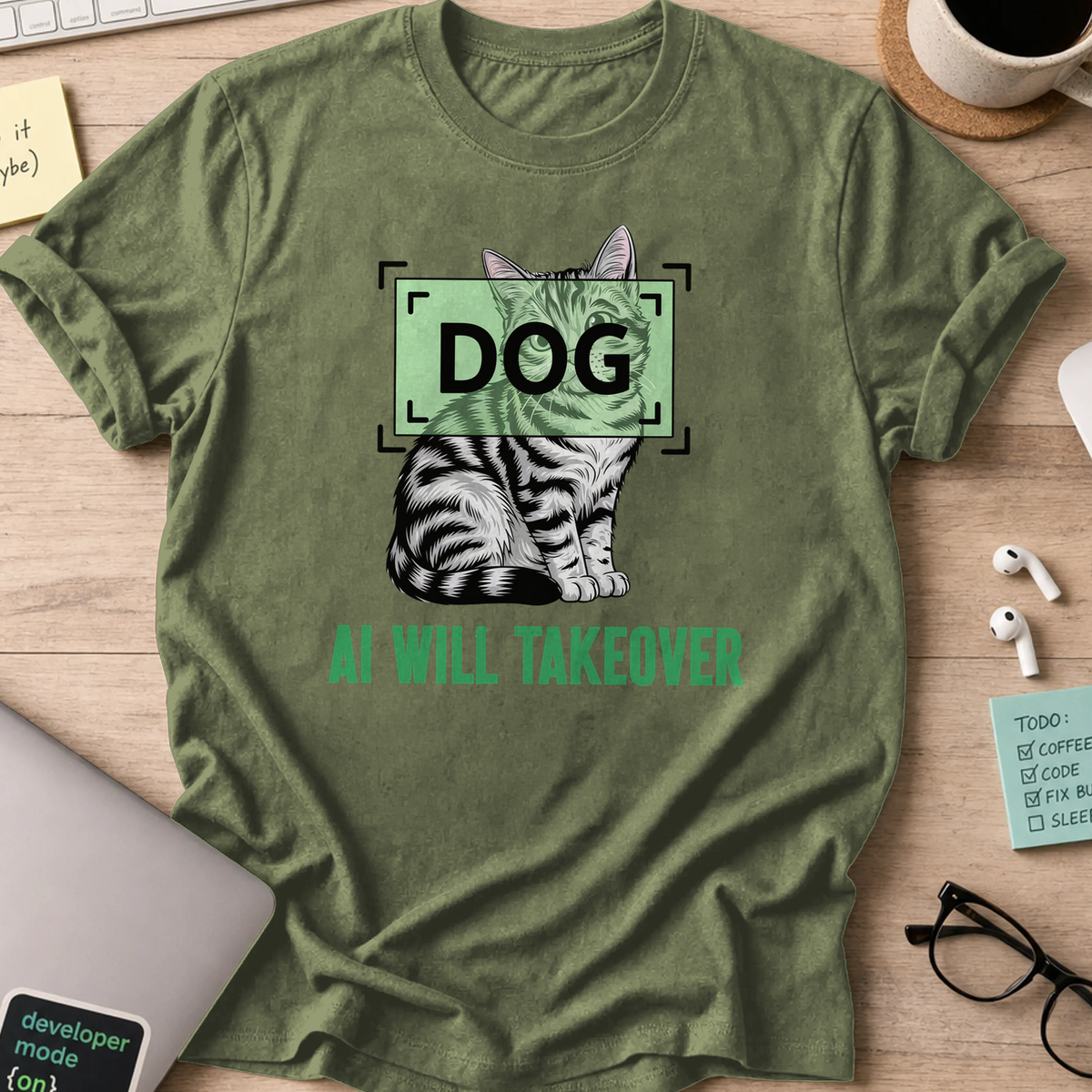 Military Green coding shirt printed with "AI will takeover", a funny developer t-shirt and developer gift for data scientists and ML engineers.