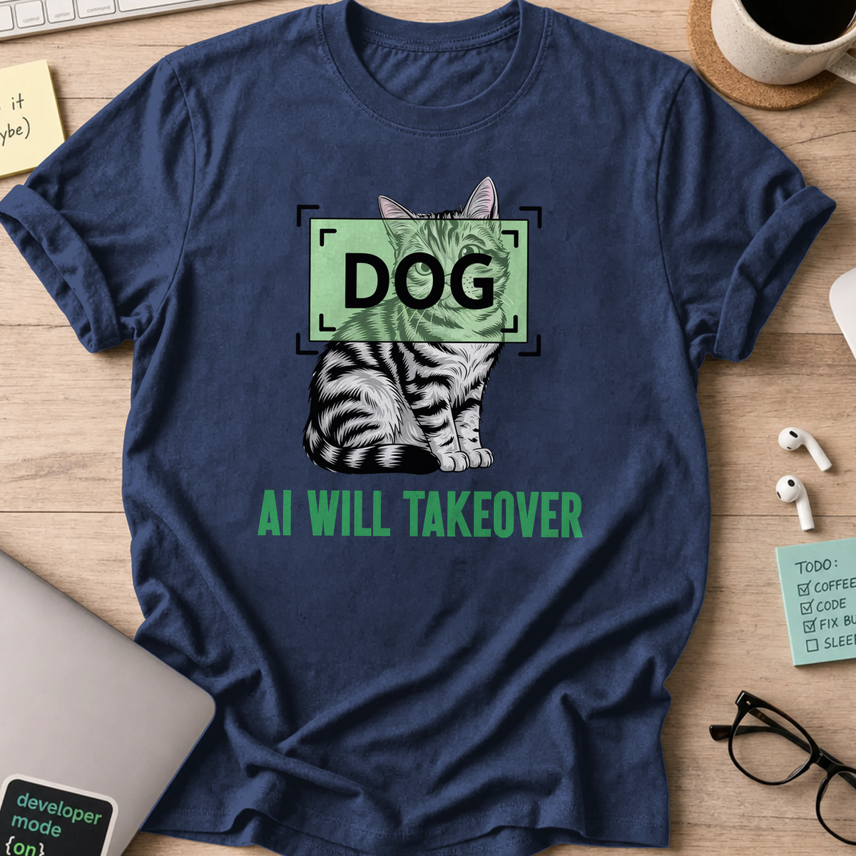 Navy coding shirt printed with "AI will takeover", a funny developer t-shirt and developer gift for data scientists and ML engineers.