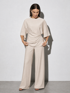Relaxed-fit Top And High-waisted Wide-leg Pants Two-piece Set - Apricot Premium Fabric Finish Adjusting