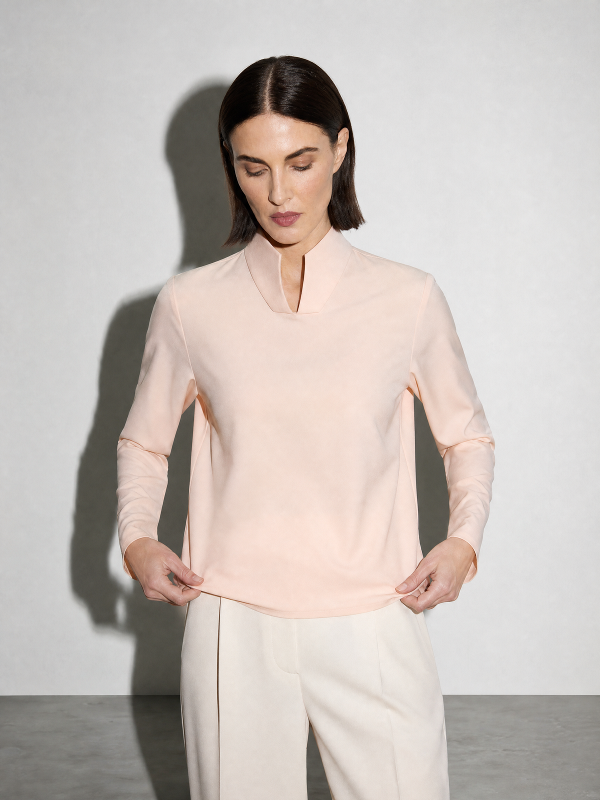 New Chinese-style Mandarin-collar Long-sleeve Blouse Niche Office-chic Top For Women - Apricot Premium Fabric Finish Adjusting