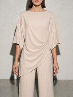 Relaxed-fit Top And High-waisted Wide-leg Pants Two-piece Set - Apricot Premium Fabric Finish Bust To Thigh