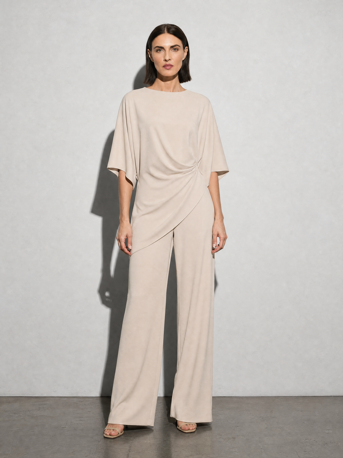 Relaxed-fit Top And High-waisted Wide-leg Pants Two-piece Set - Apricot Premium Fabric Finish Main