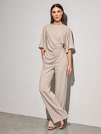 Relaxed-fit Top And High-waisted Wide-leg Pants Two-piece Set - Apricot Premium Fabric Finish Seated Or Lean