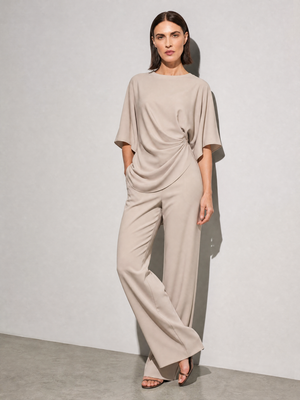 Relaxed-fit Top And High-waisted Wide-leg Pants Two-piece Set - Apricot Premium Fabric Finish Seated Or Lean