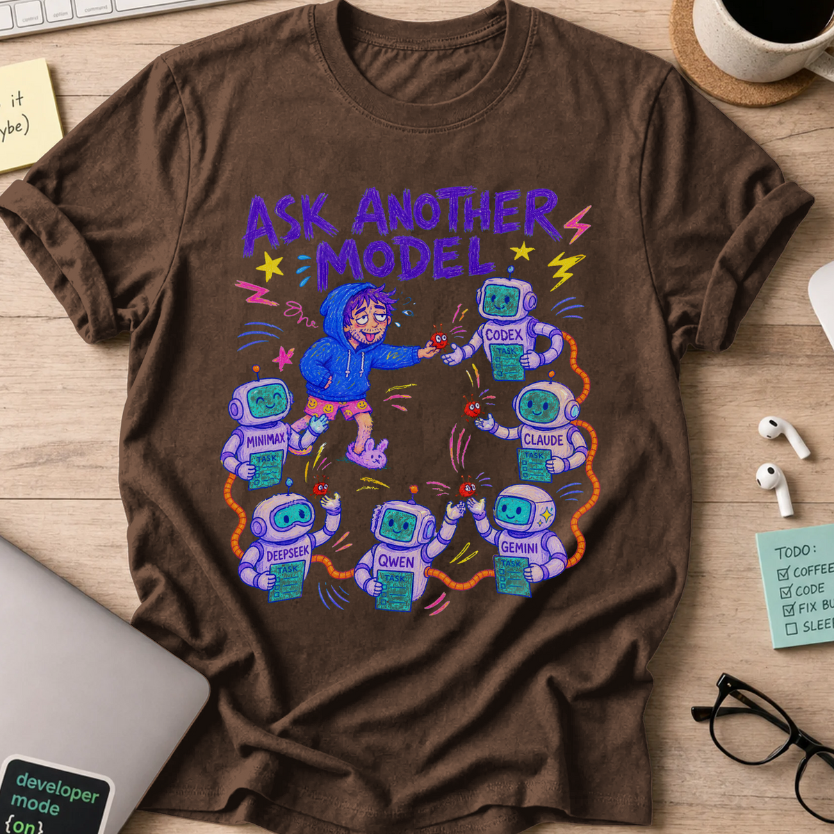 Ask Another Model Shirt — Dark Chocolate storefront mockup
