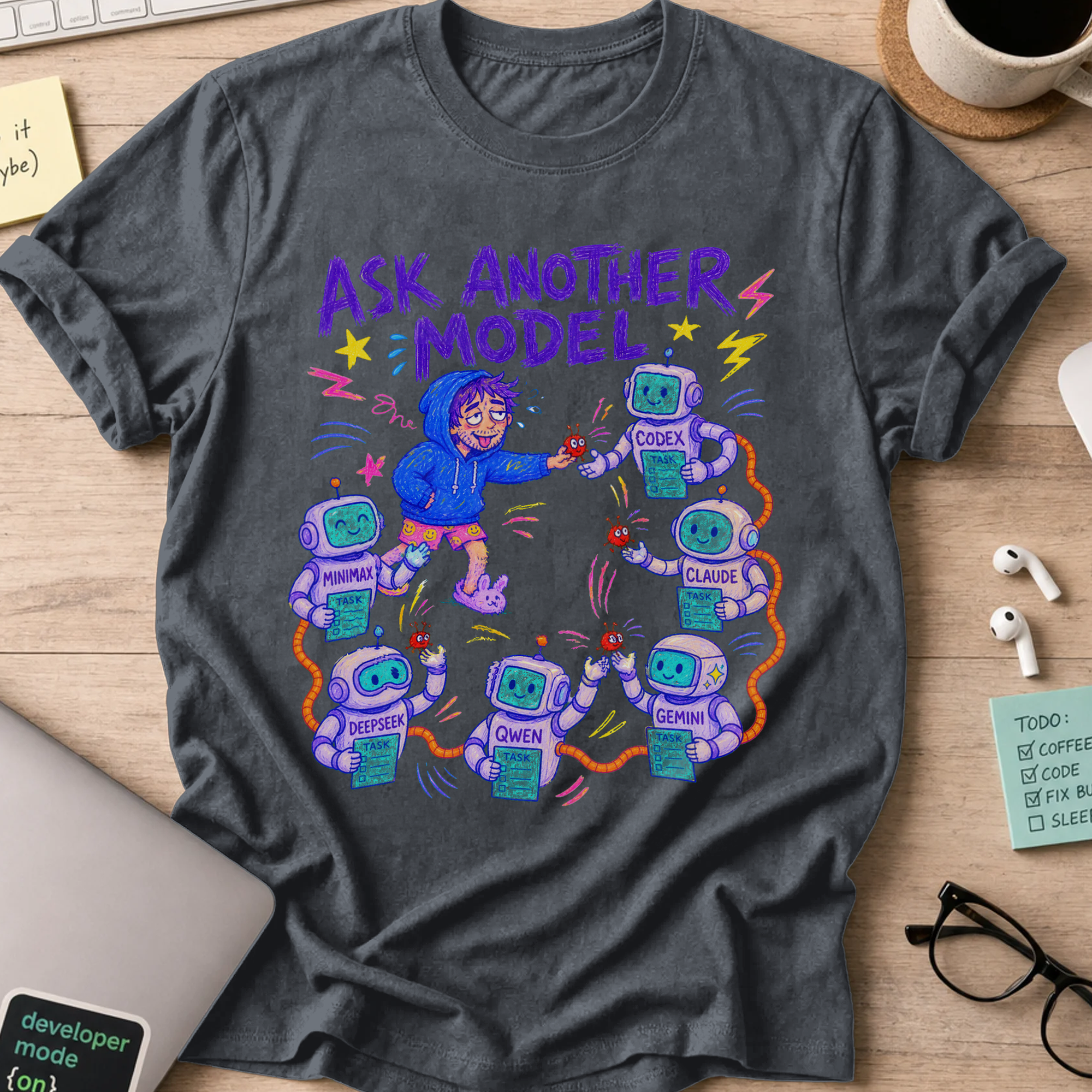 Ask Another Model Shirt — Dark Heather storefront mockup