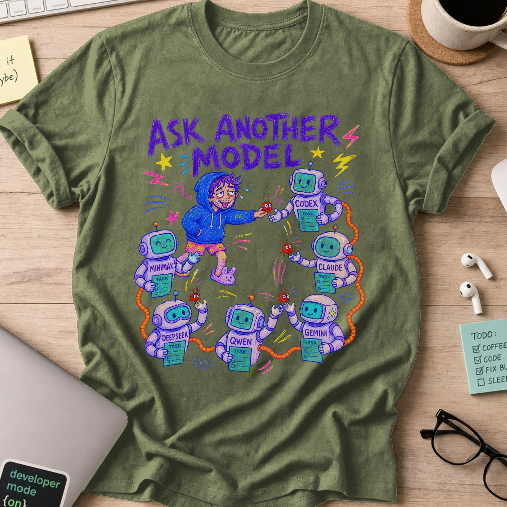 Ask Another Model Shirt — Military Green storefront mockup