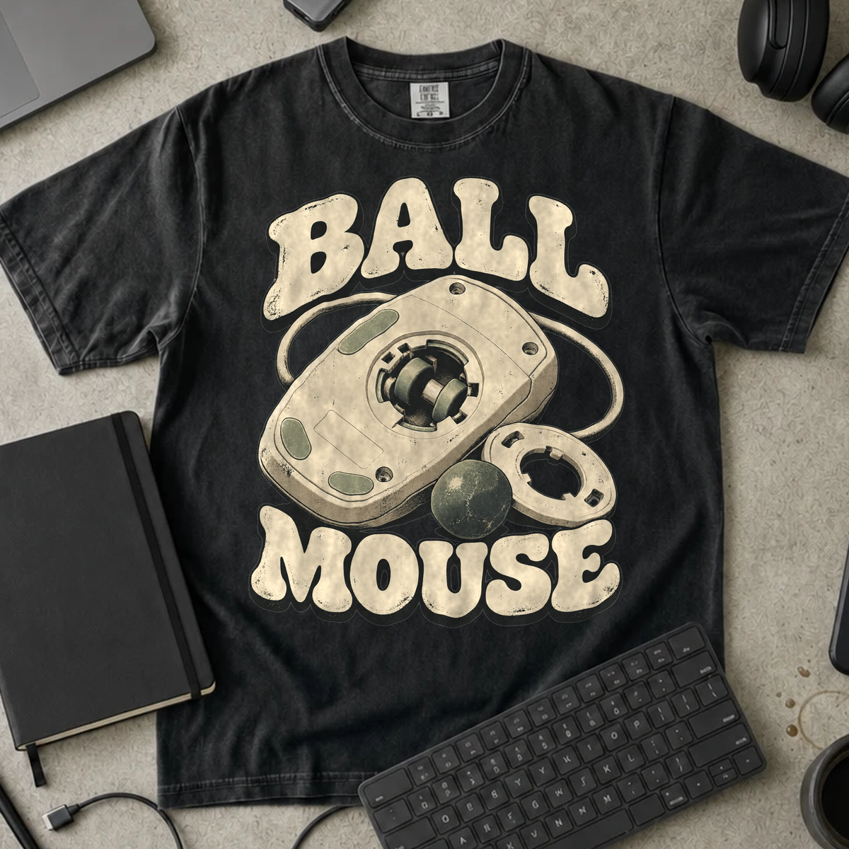 Ball Mouse Shirt — Black Comfort Colors 1717 flat lay