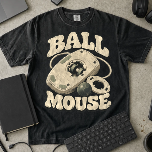 Ball Mouse Shirt — Black Comfort Colors 1717 flat lay