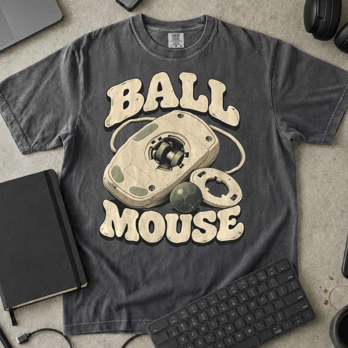 Ball Mouse Shirt — Pepper Comfort Colors 1717 flat lay