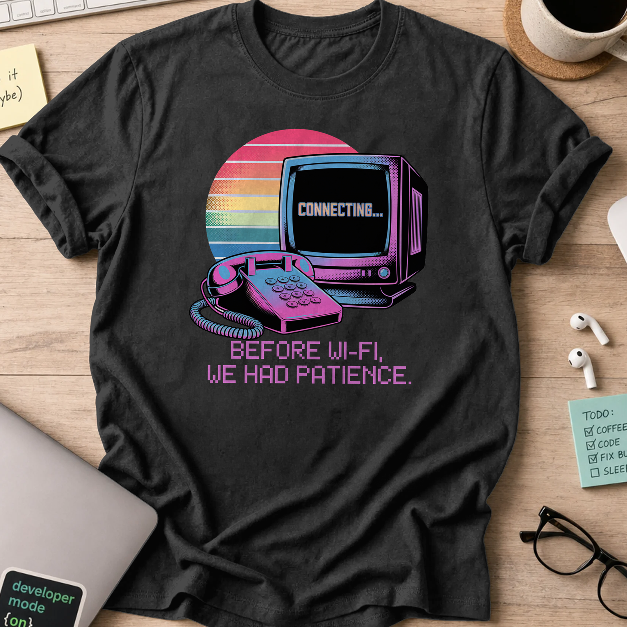 Black programmer shirt printed with "before wifi we had patience", a funny developer t-shirt and coding gift for software engineers and coders.