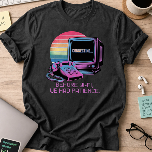 Black programmer shirt printed with "before wifi we had patience", a funny developer t-shirt and coding gift for software engineers and coders.