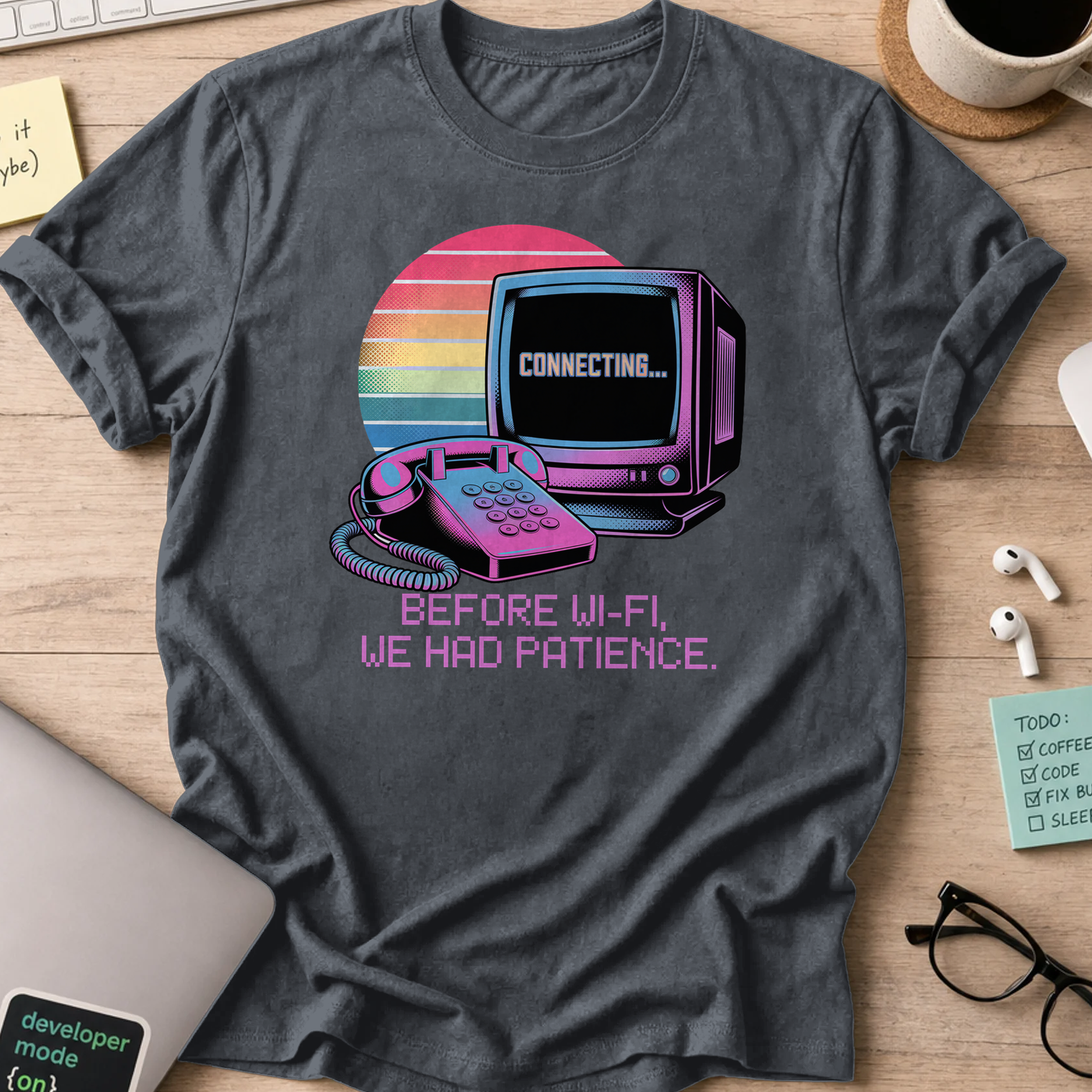 Dark Heather Grey programmer shirt printed with "before wifi we had patience", a funny developer t-shirt and coding gift for software engineers.