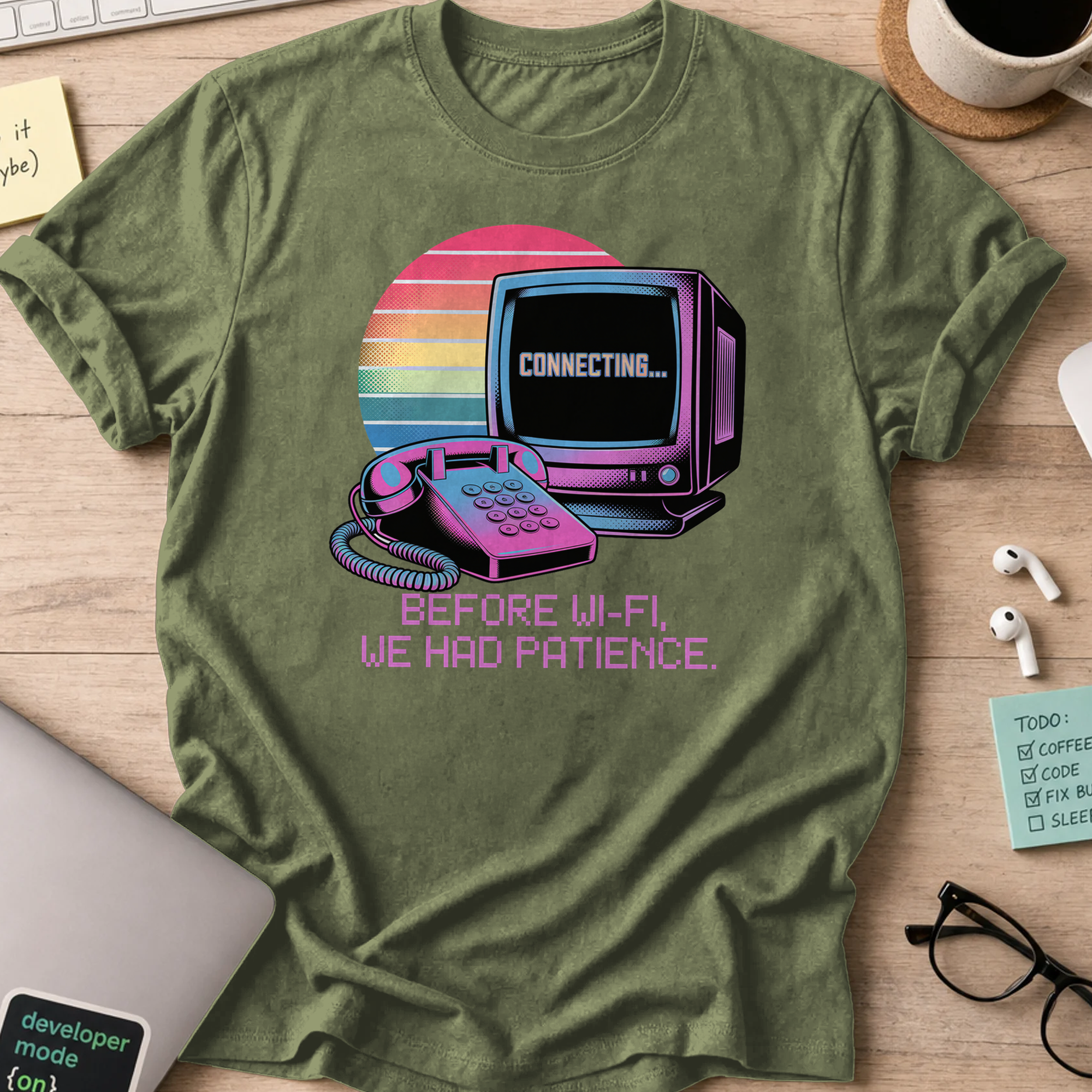 Military Green programmer shirt printed with "before wifi we had patience", a funny developer t-shirt and coding gift for software engineers.
