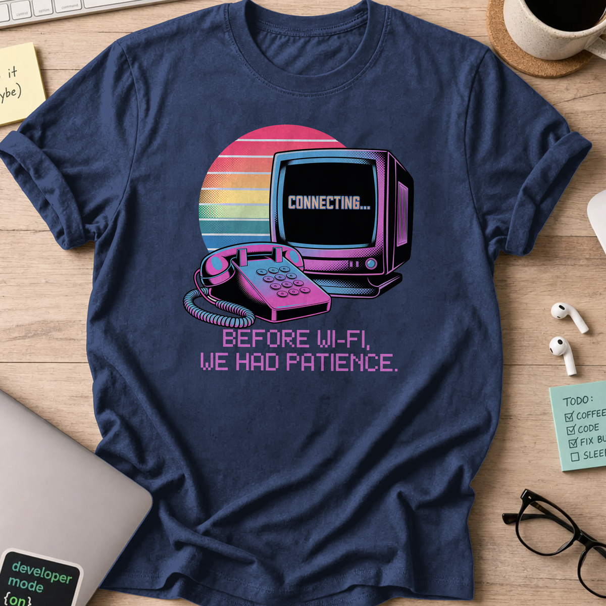 Navy programmer shirt printed with "before wifi we had patience", a funny developer t-shirt and coding gift for software engineers and coders.