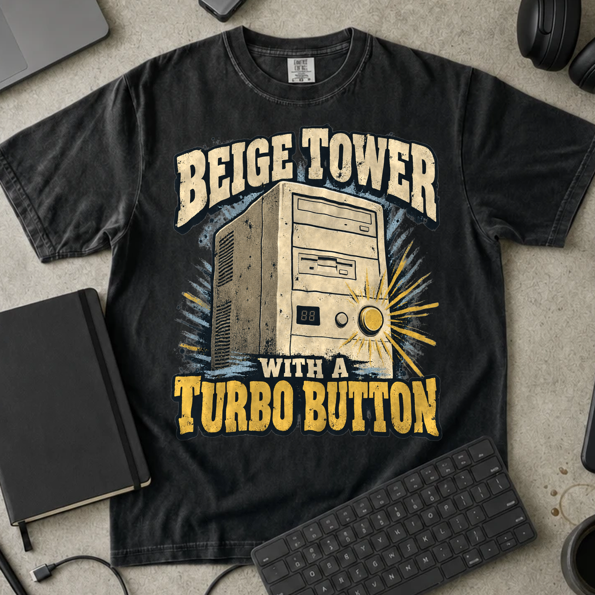 Beige Tower With a Turbo Button Shirt — Black Comfort Colors 1717 flat lay