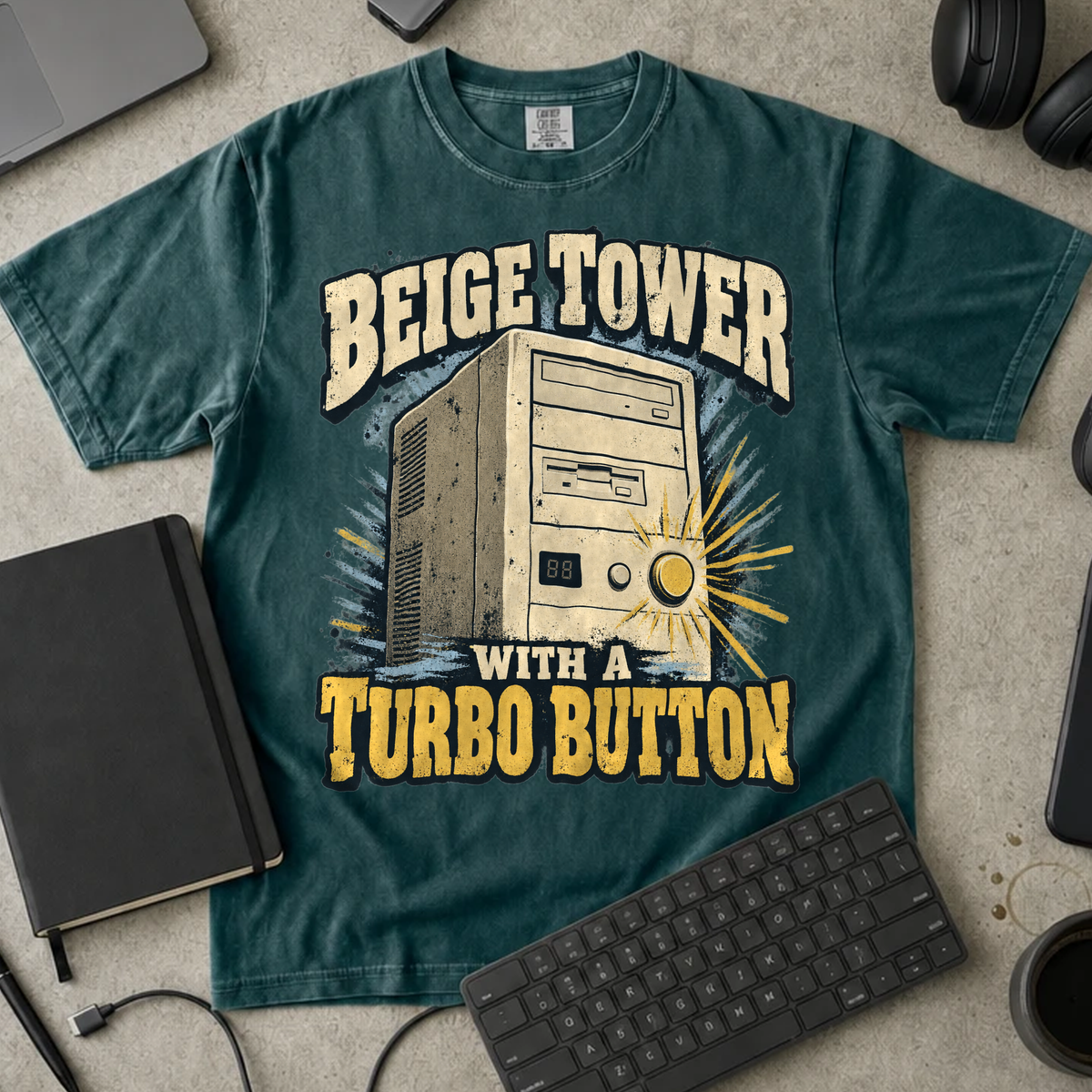 Beige Tower With a Turbo Button Shirt — Blue Spruce Comfort Colors 1717 flat lay