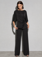 Relaxed-fit Top And High-waisted Wide-leg Pants Two-piece Set - Black Premium Fabric Finish Adjusting