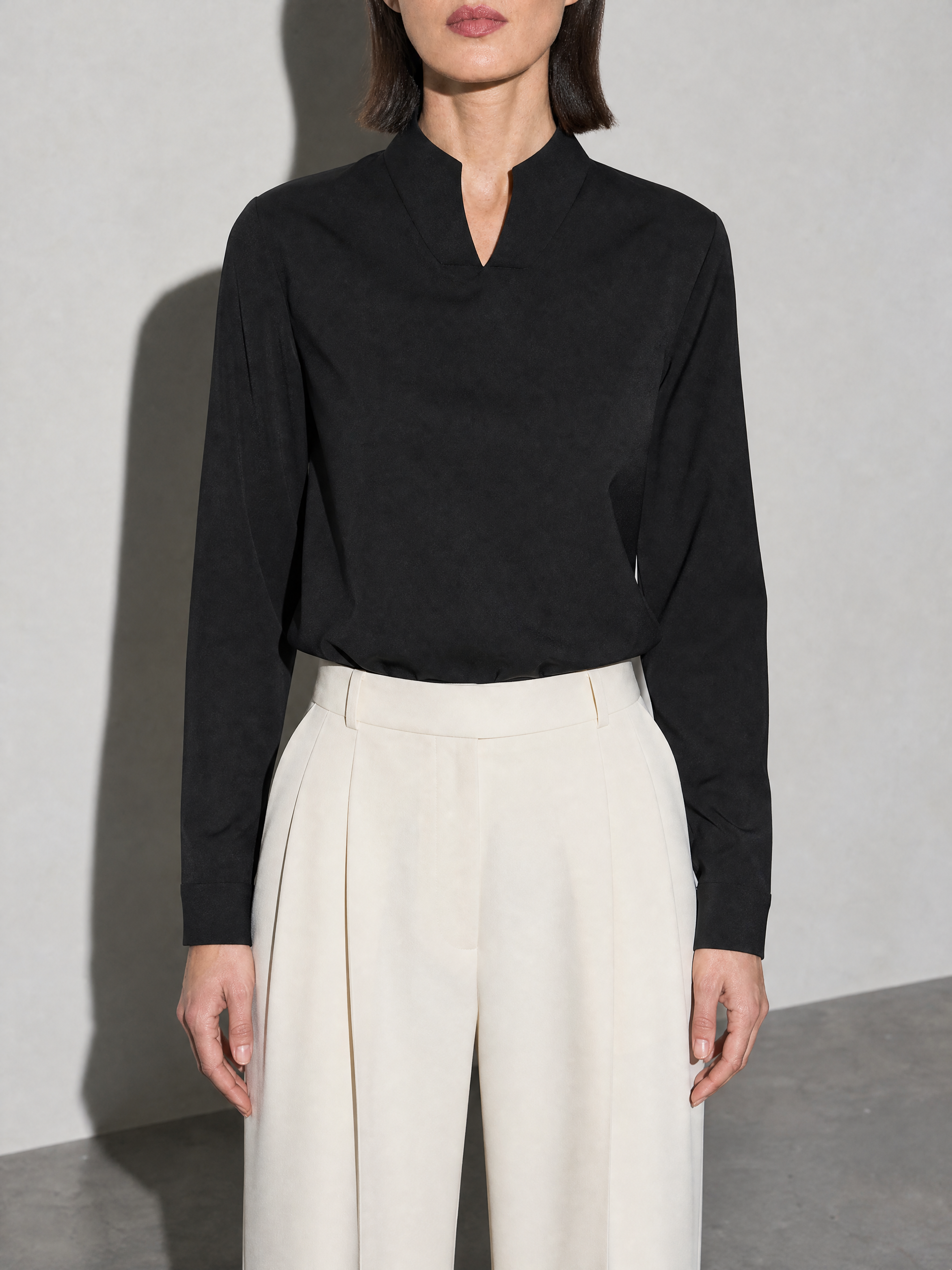 New Chinese-style Mandarin-collar Long-sleeve Blouse Niche Office-chic Top For Women - Black Premium Fabric Finish Bust To Thigh