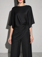 Relaxed-fit Top And High-waisted Wide-leg Pants Two-piece Set - Black Premium Fabric Finish Bust To Thigh