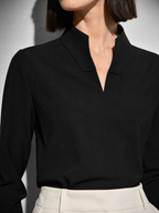 New Chinese-style Mandarin-collar Long-sleeve Blouse Niche Office-chic Top For Women - Black Premium Fabric Finish Macro