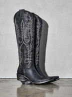 Medium heel 35-43 National Style Embroidered women's Boots - Black Premium Leather Finish Shoe Angle