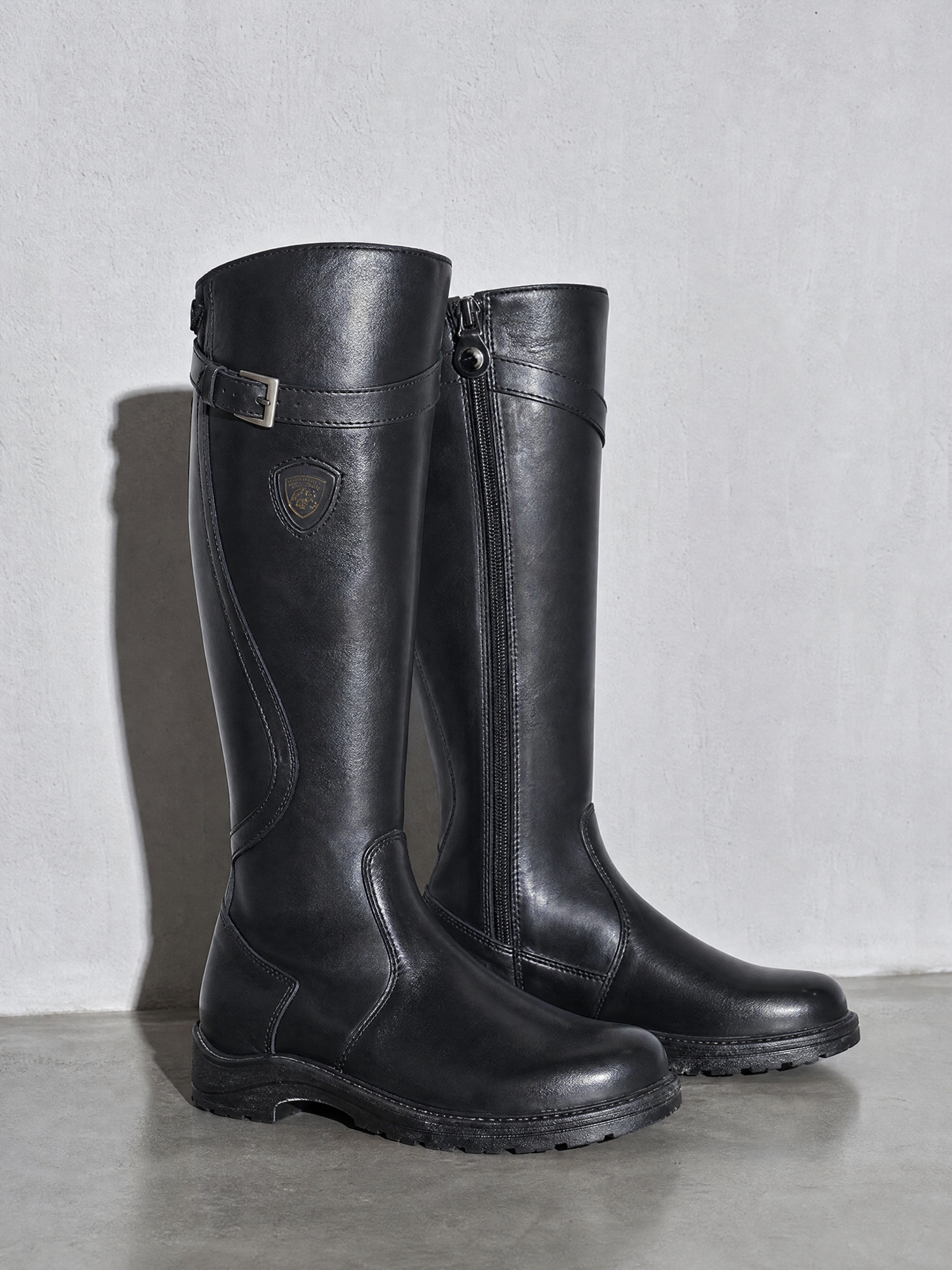 Women's mid-tube rider boots - Black Premium Leather Finish Shoe Full