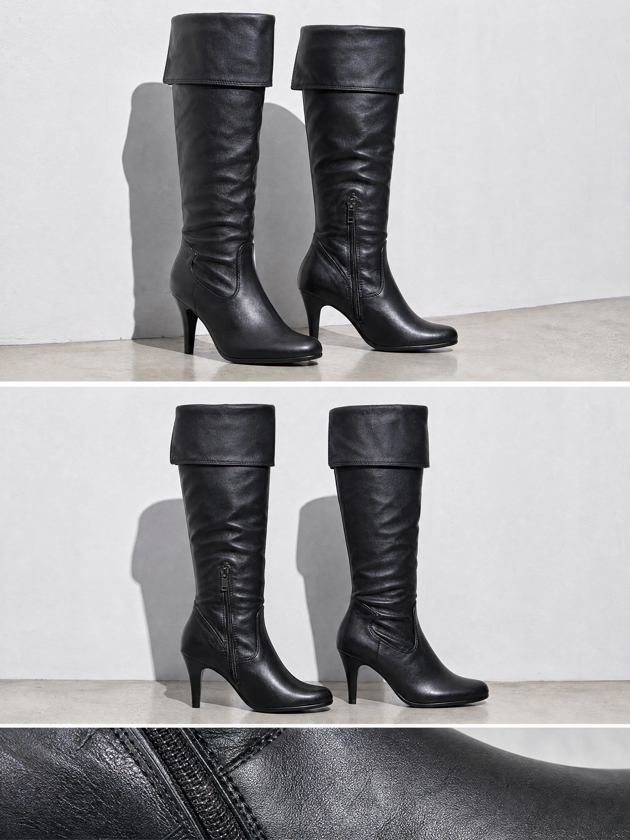 Stiletto boots side zip high heel boots over the knee boots - Black Premium Leather Finish Shoe Macro