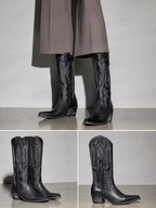 Medium heel 35-43 National Style Embroidered women's Boots - Black Premium Leather Finish Shoe Worn