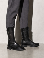 Women's mid-tube rider boots - Black Premium Leather Finish Shoe Worn