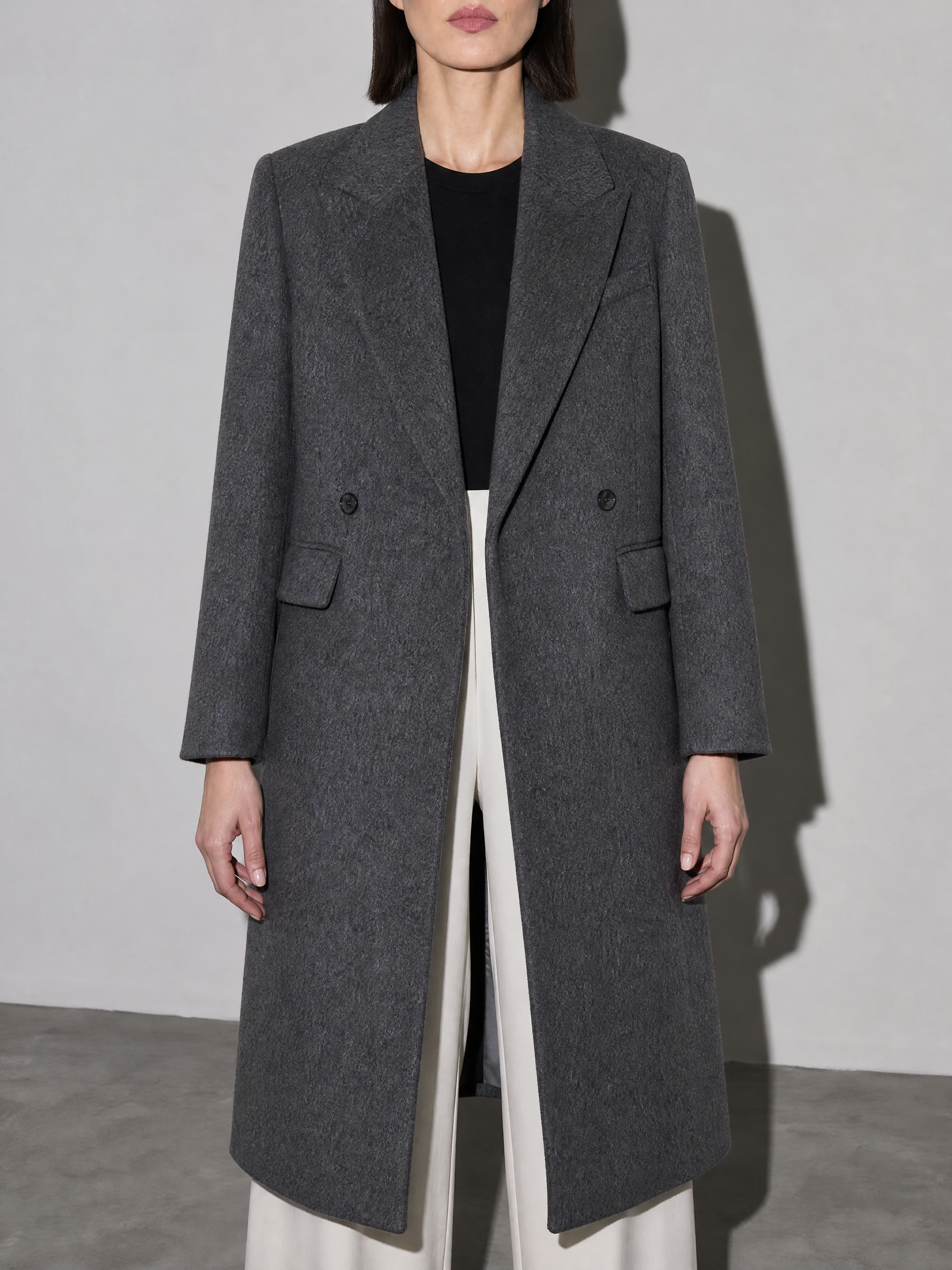 Above-the-knee Long Double-faced Wool Coat For Women - Black Silver Gray Premium Fabric Finish Bust To Thigh