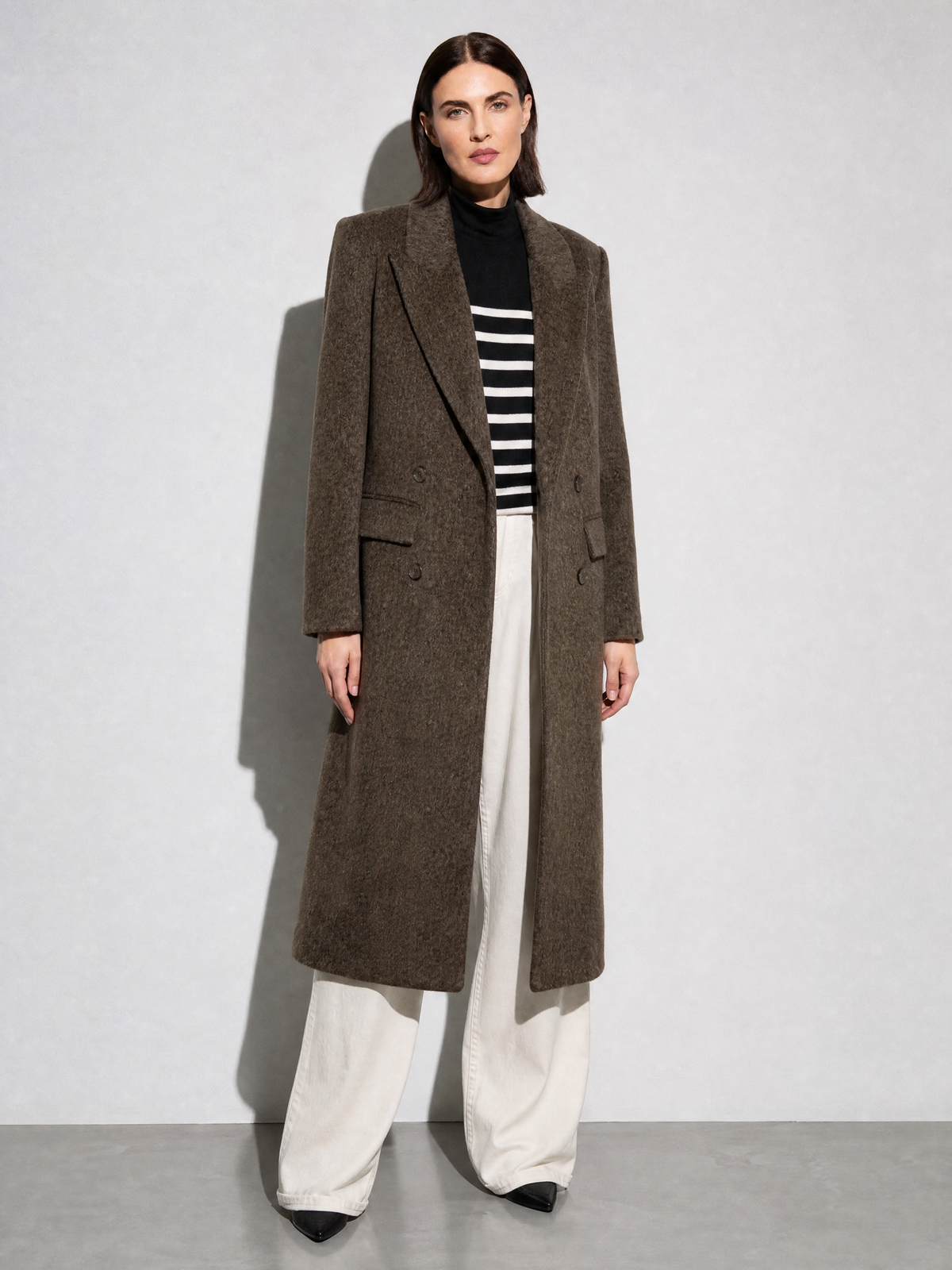 Above-the-knee Long Double-faced Wool Coat For Women - Black Silver Gray Premium Fabric Finish Main