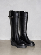 New Versatile Casual Chunky Heel High Boots - Black Standard Cylinder Premium Leather Finish Shoe Angle