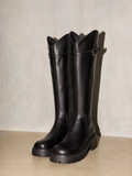 New Versatile Casual Chunky Heel High Boots - Black Standard Cylinder Premium Leather Finish Shoe Full