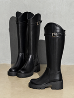 New Versatile Casual Chunky Heel High Boots - Black Standard Cylinder Premium Leather Finish Shoe Macro