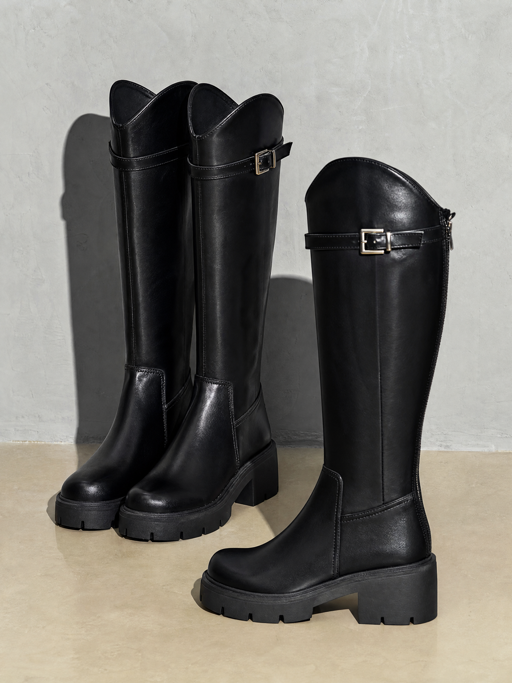 New Versatile Casual Chunky Heel High Boots - Black Standard Cylinder Premium Leather Finish Shoe Macro