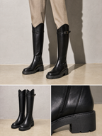 New Versatile Casual Chunky Heel High Boots - Black Standard Cylinder Premium Leather Finish Shoe Worn