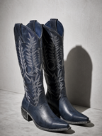 Medium heel 35-43 National Style Embroidered women's Boots - Blue Premium Leather Finish Shoe Macro