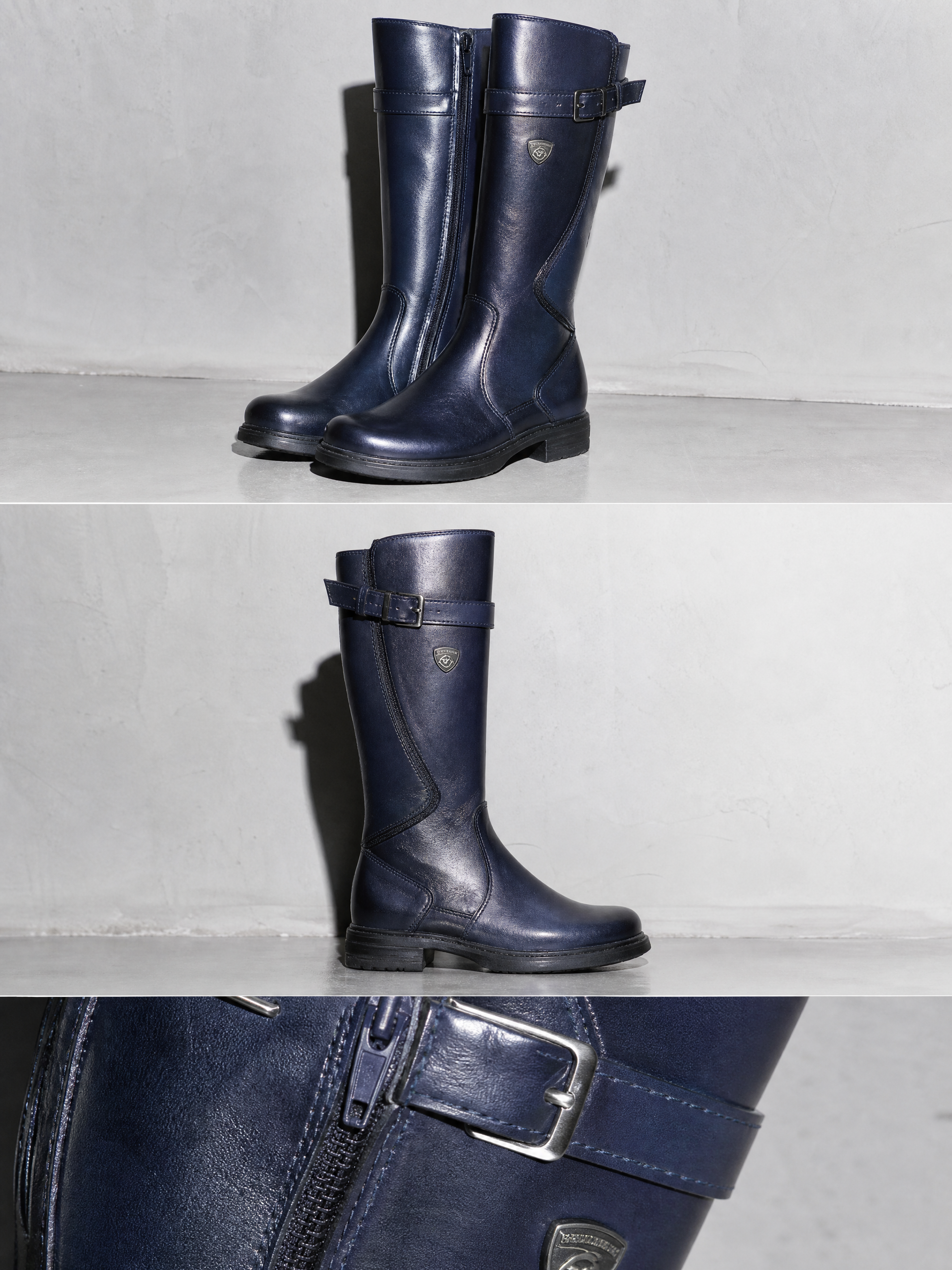 Women's mid-tube rider boots - Blue Premium Leather Finish Shoe Macro