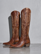 Medium heel 35-43 National Style Embroidered women's Boots - Brown Premium Leather Finish Shoe Angle