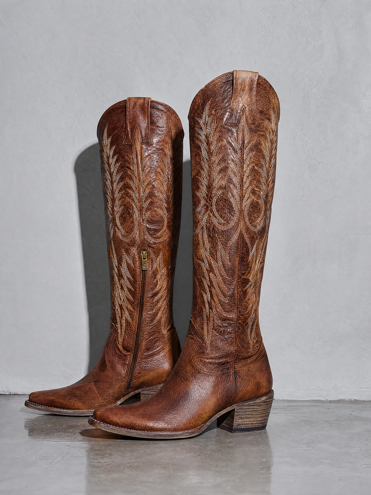Medium heel 35-43 National Style Embroidered women's Boots - Brown Premium Leather Finish Shoe Angle